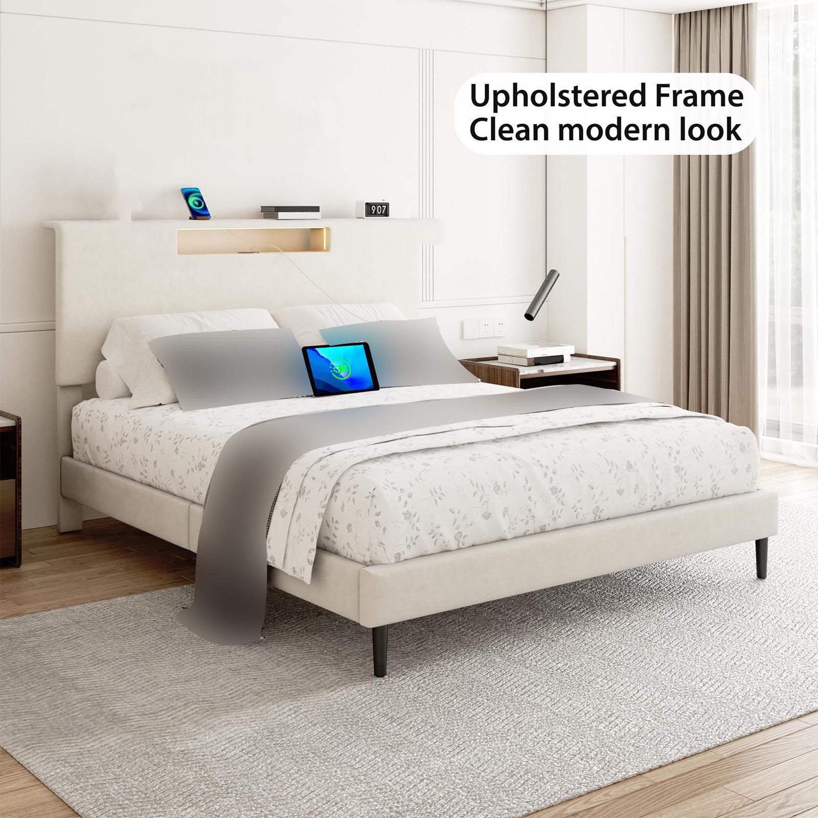 Upholstered Platform Bed Large Size Frame With LED Light And Charging Function