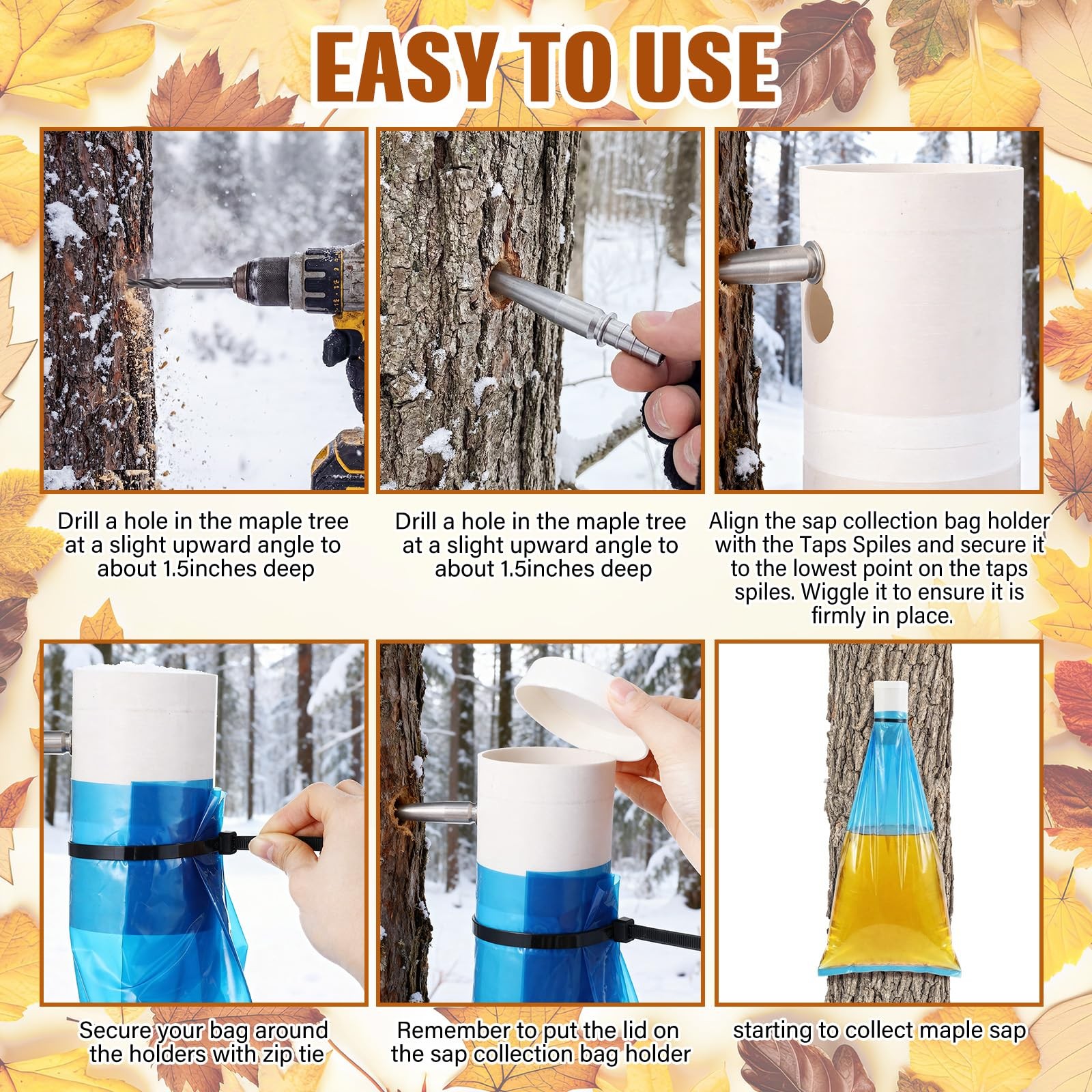 PullCrease 6 Maple Syrup Tapping Kit PVC Maple Sap Sack Holder, 3 Gallon Coll...