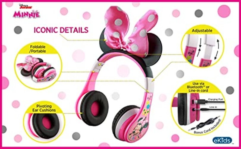 Minnie Mouse Kids Bluetooth Headphones, Wireless with Microphone Includes Aux