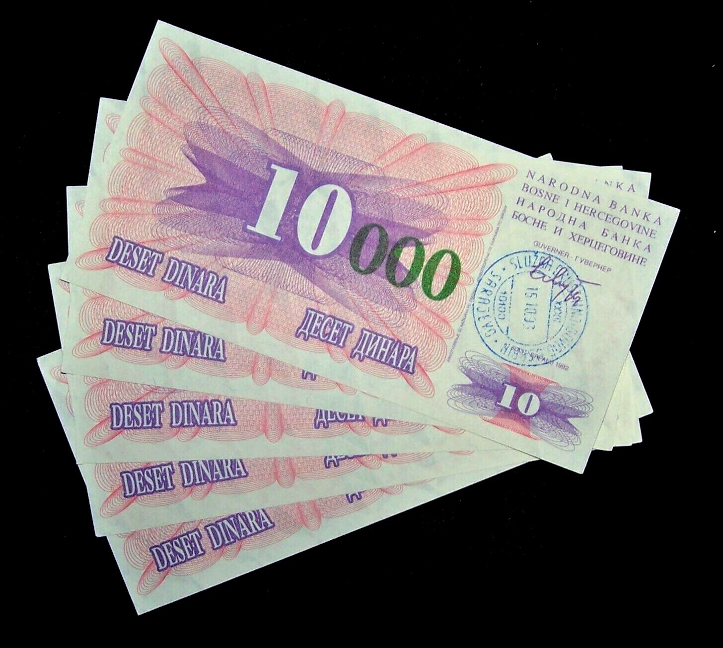 5 x BOSNIA 10000 (10,000) DINARA Banknotes P-53e-short green zeros / aUNC / 1993