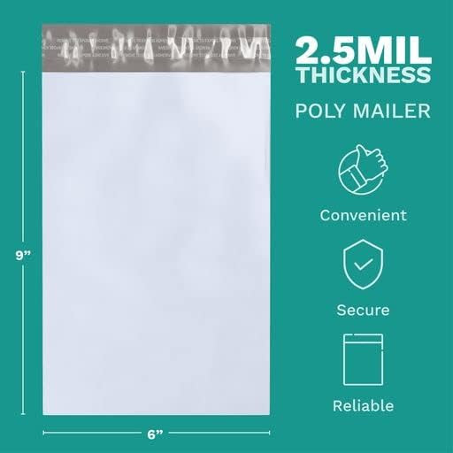 6" x 9" Poly Mailer Envelopes - 100 Count, Self Seal White Plastic Mailing