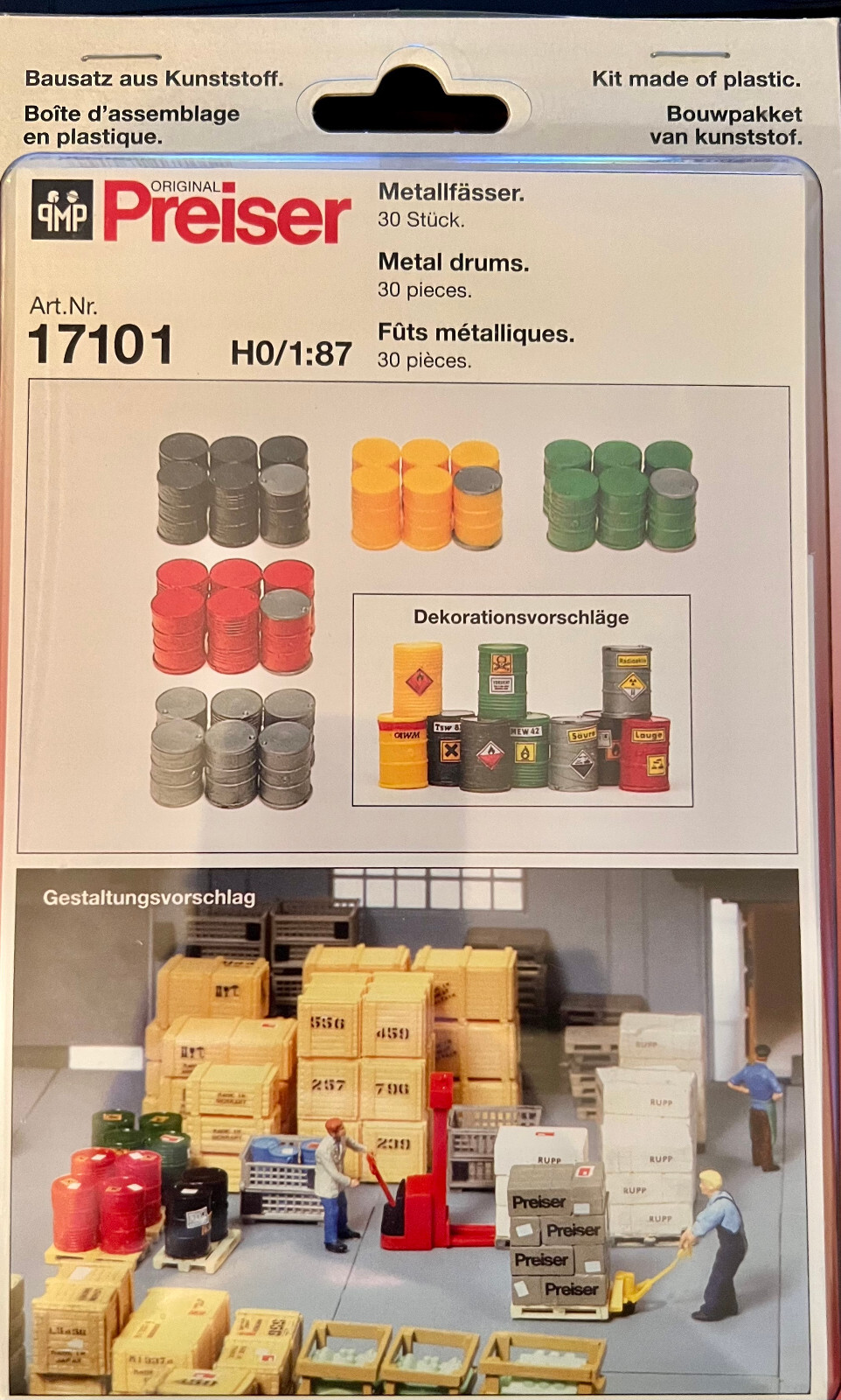 Preiser HO #17101 Metal Drums - Assorted Color; pkg(30)