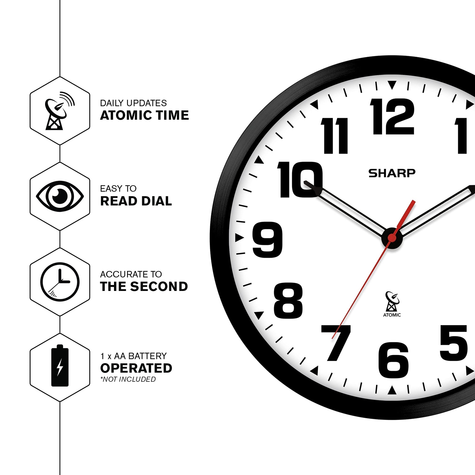 Sharp Atomic Analog Wall Clock - 12" Black Stylish Frame - Sets Automatically- B