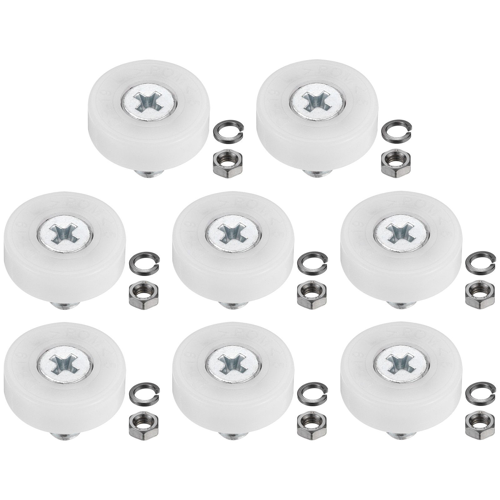 8 Set 19mm Nylon Drawer Rollers with Spring Washers and Nut White