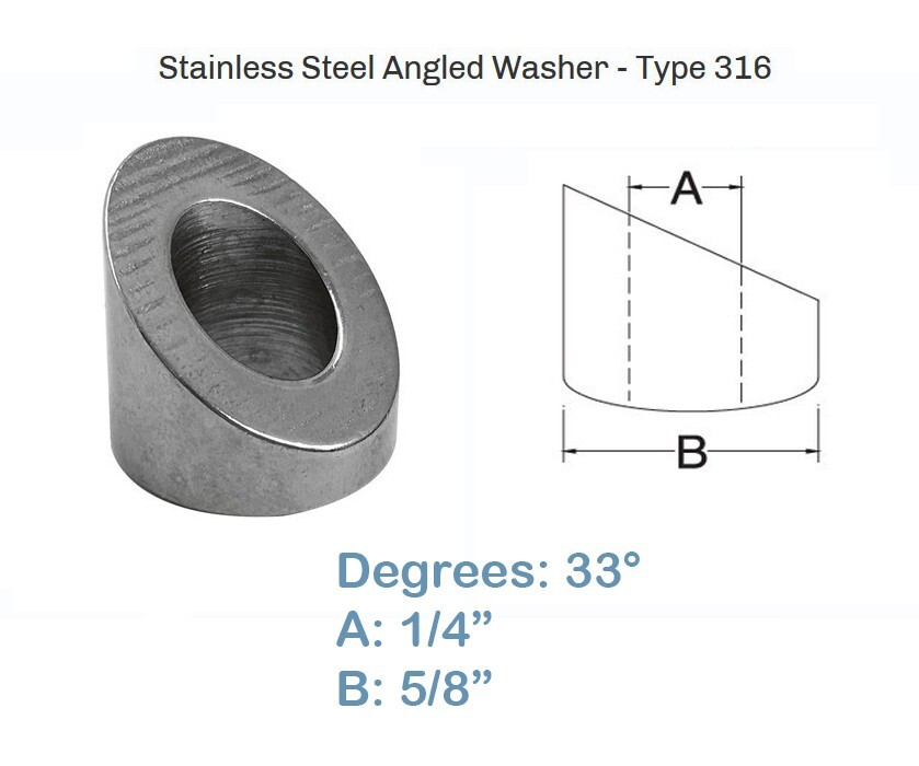 33 Degree Angled Beveled Washer for Cable Railing - 1/4" Cable Railing (Pack 5)