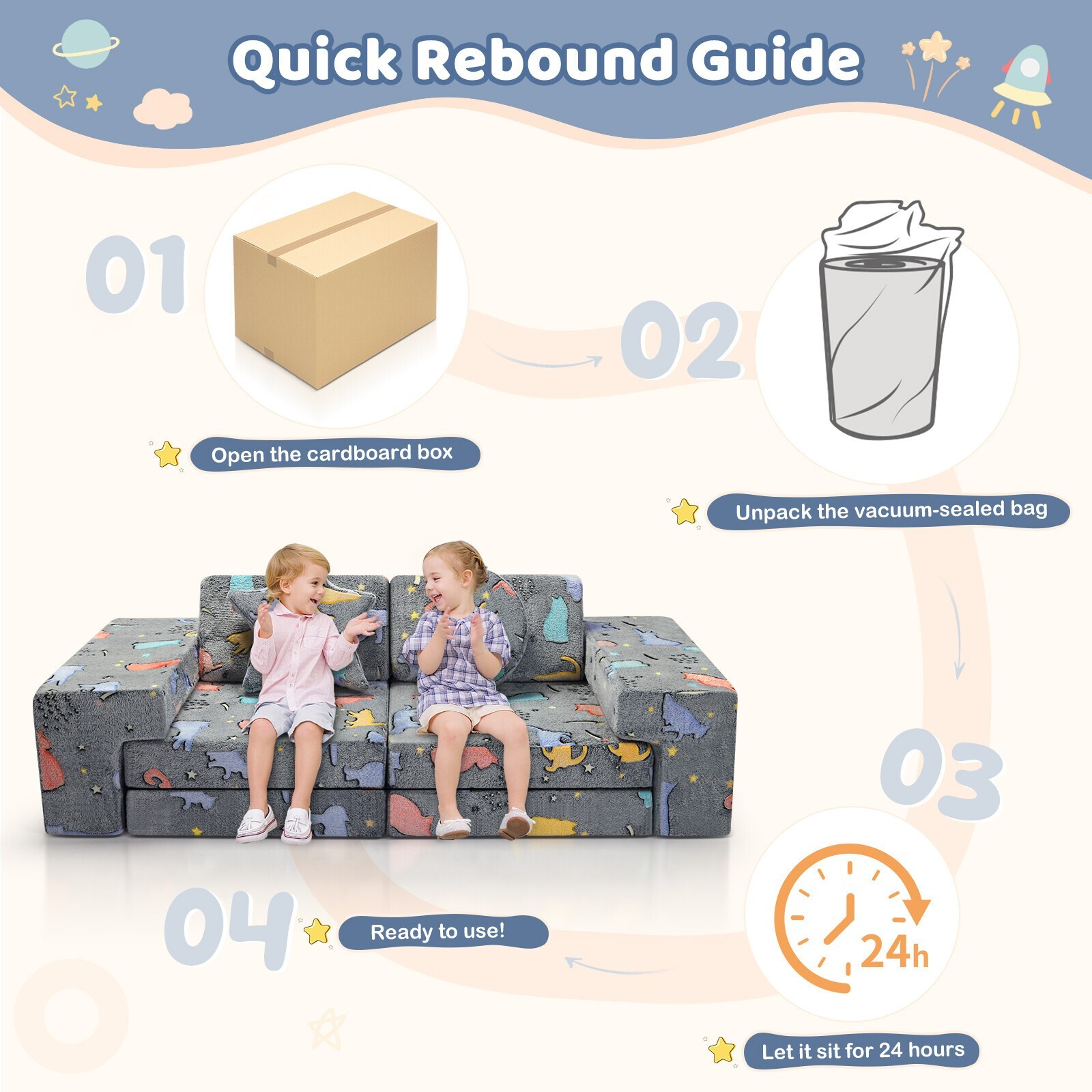 Modular Kids Couch 9Pcs Child DIY Sofa for Playing Playroom Bedroom Night Light