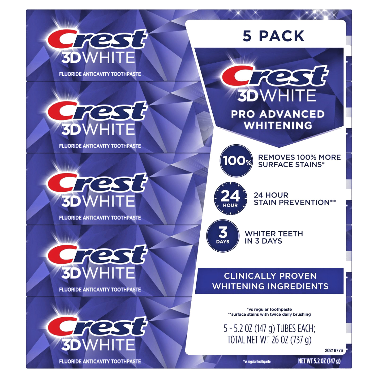 5 PACK- Crest 3D White Pro Advanced Whitening Toothpaste - 5 X 5.2 Oz. Ea.