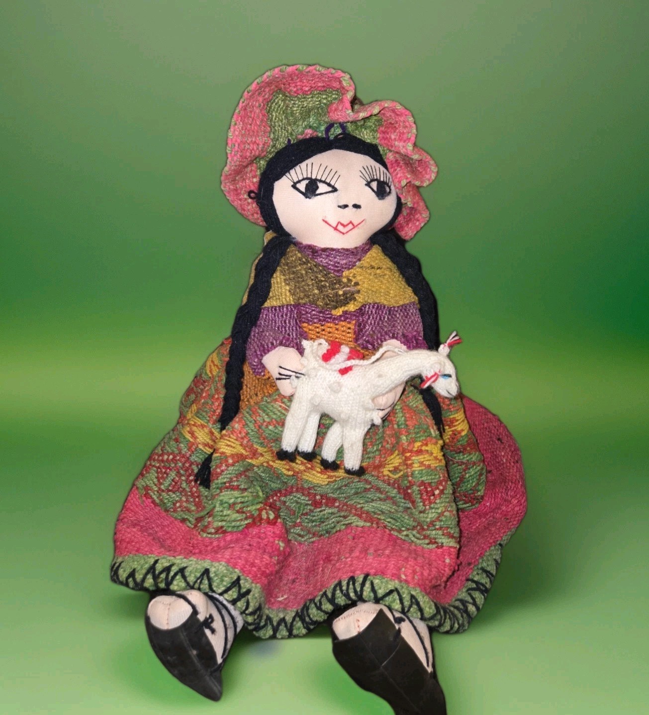 Andean Traditional Knit Peruvian Folk Art Doll & Alpaca Handmade 17x12" Vintage