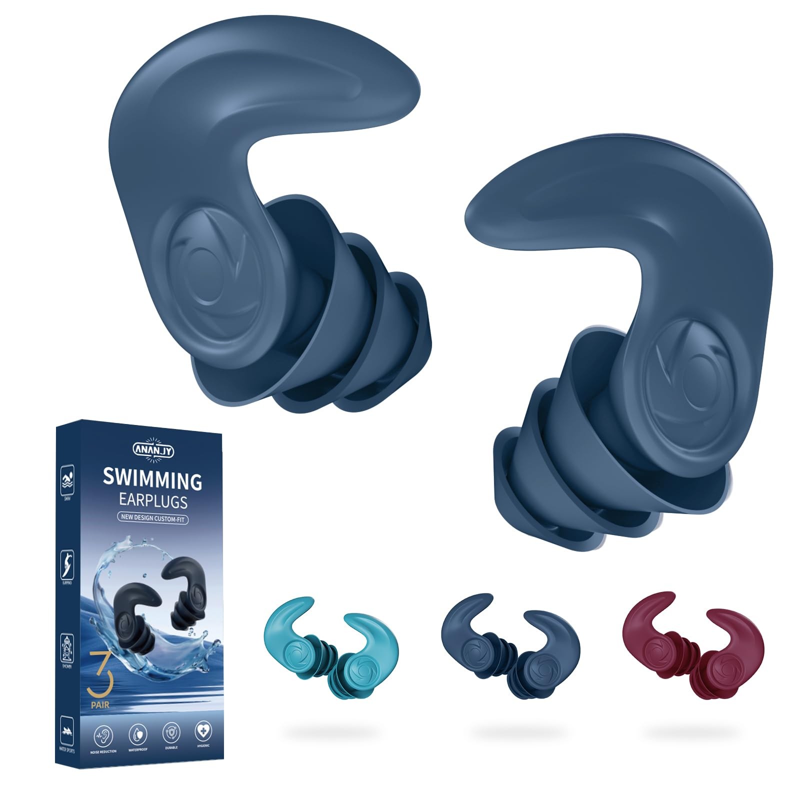 Swimming Ear Adults (12+ years) - 3 pairs, Adults(12+ Years)-blue Cyan Red