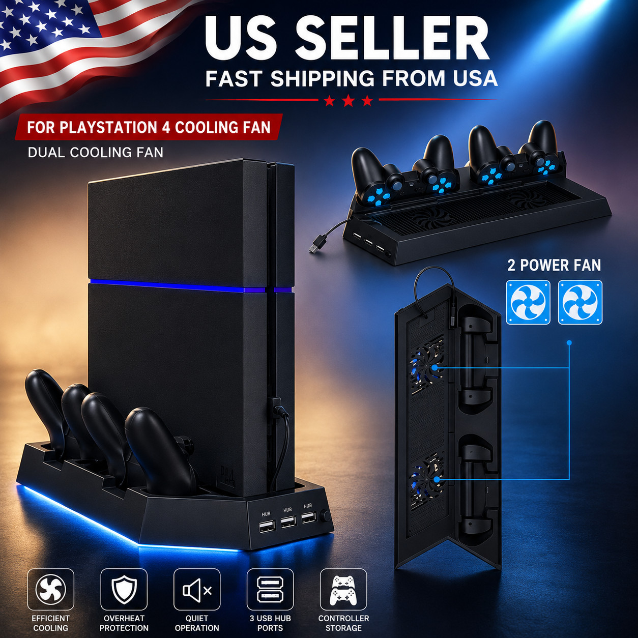 PS4 Cooling Station Vertical Stand 2 Controller Charging Dock For PlayStation 4
