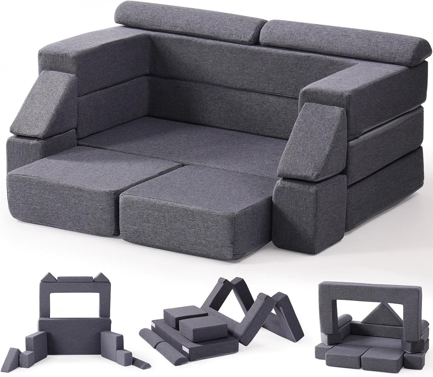 Modular Gray Kids Couch - Washable DIY Toddler Sofa for Playroom & Nursery