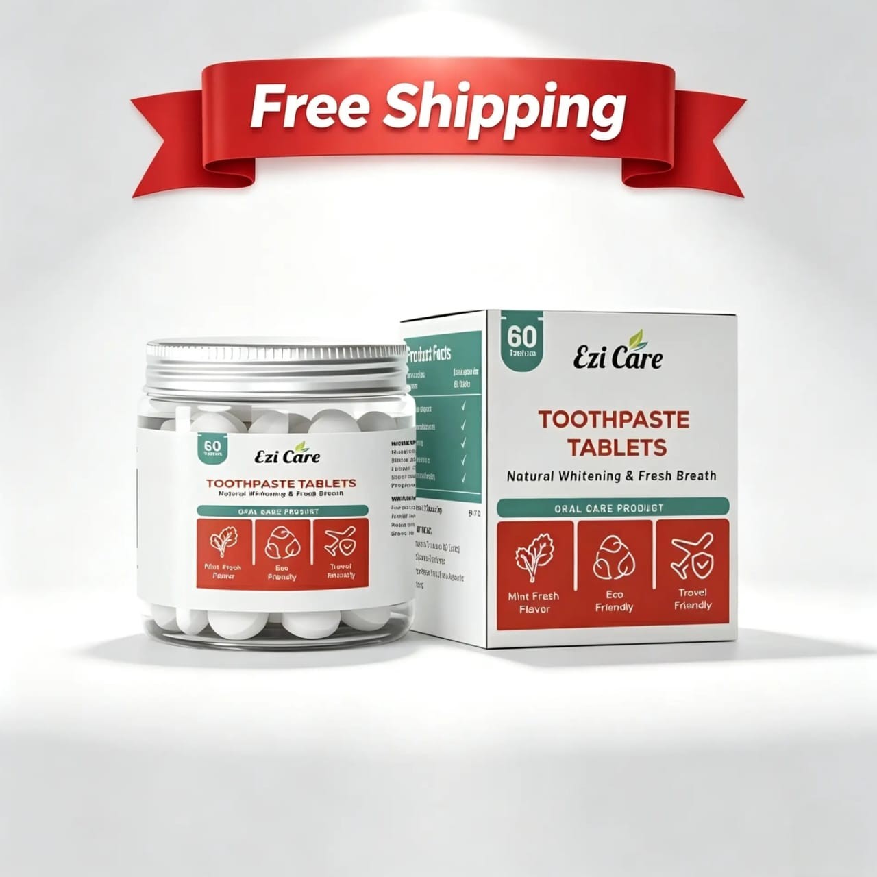 Ezi Care Toothpaste Tablets (60 Count) - Natural Whitening & Mint Fresh Breath
