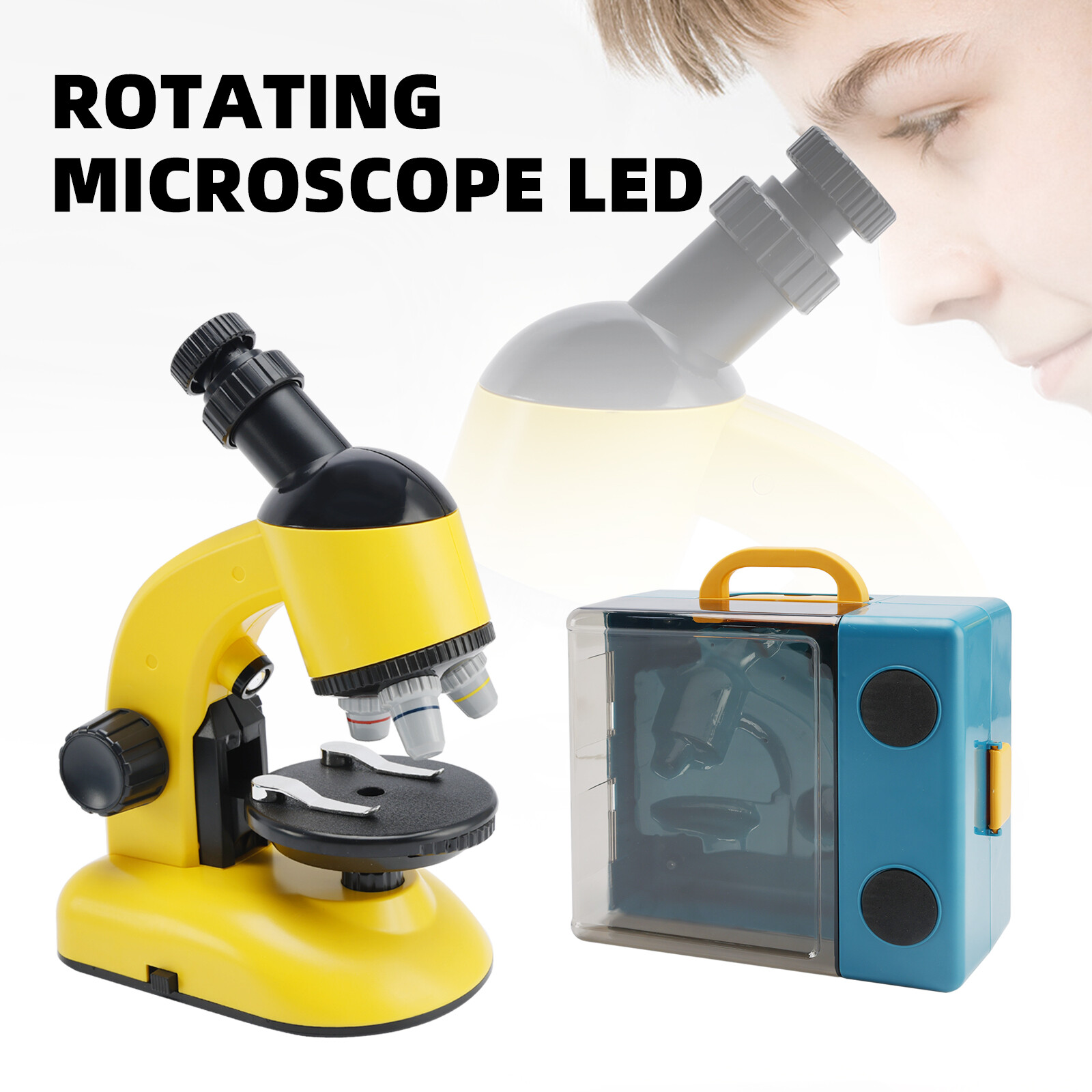 Rotating Microscope LED 100X-1200X Magnification Science Toys Kit For Kid Yellow