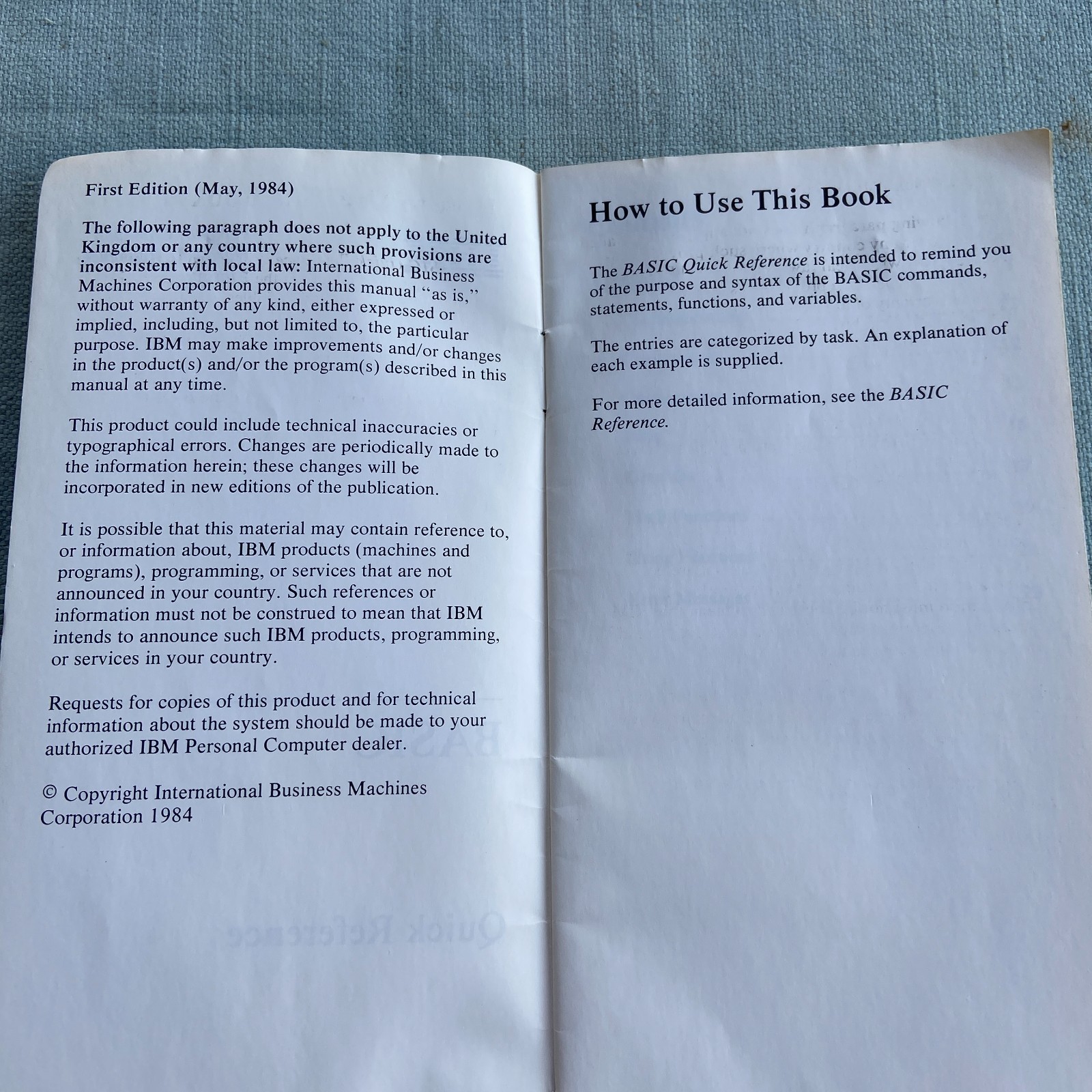 Vintage IBM BASIC Quick Reference Book Manual 1st Edition 1984 PC Hardware Libra