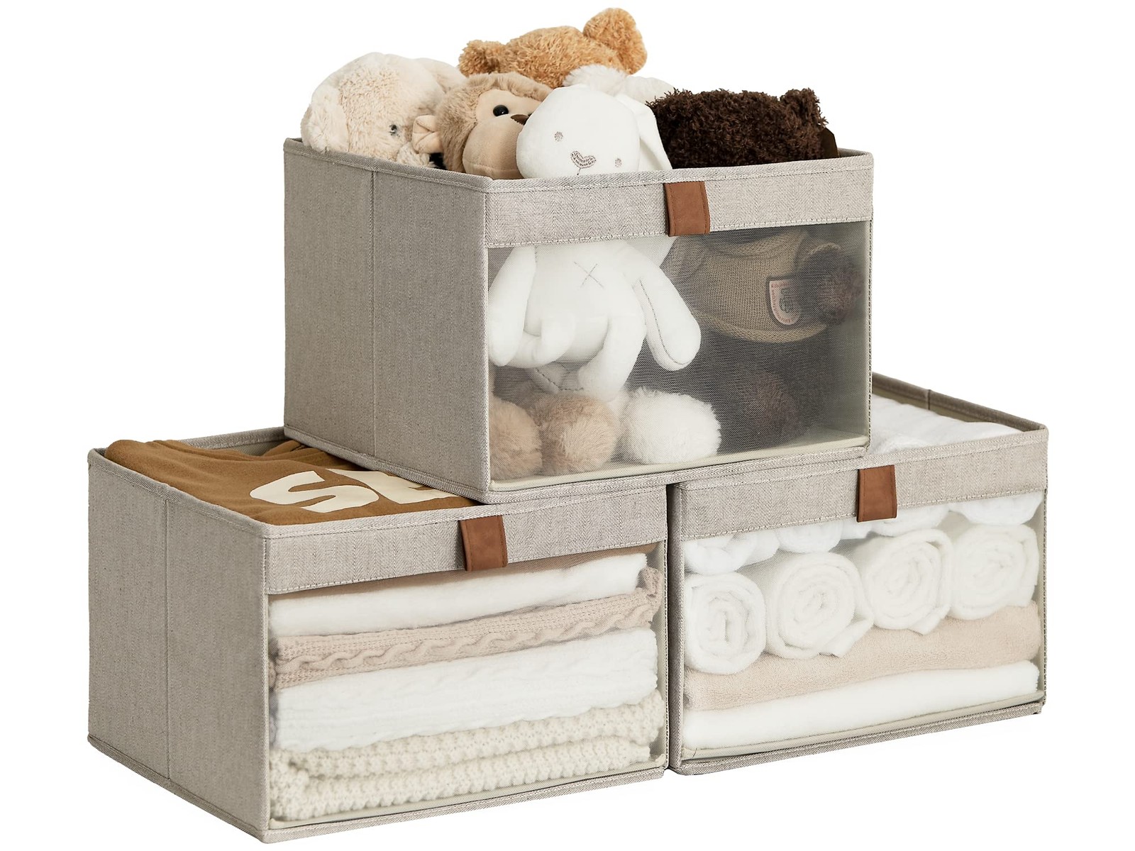 Closet Storage Bins Large Baskets Clear Window Handles 3 Pack Brown Beige