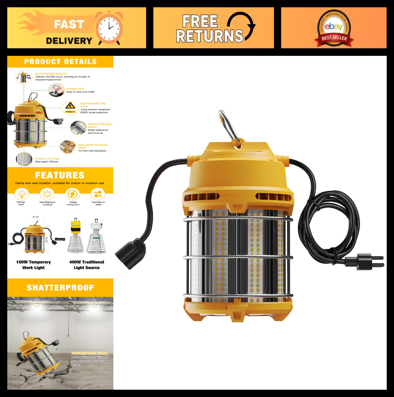 100W LED Work Light 13000LM 5000K Waterproof Job Site Light, Portable 10ft Cord