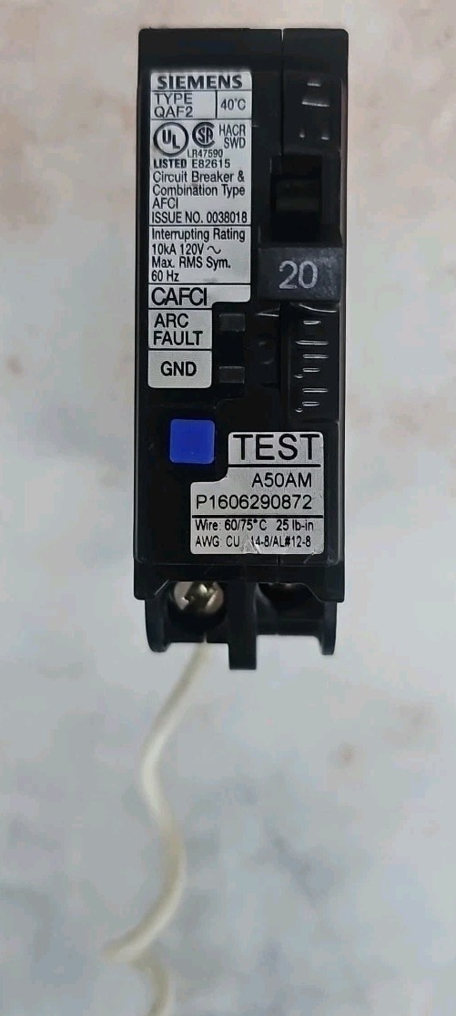 Siemens QA120AFC 1 Pole 20 AMP  Arc Fault Combination Breaker AFCI