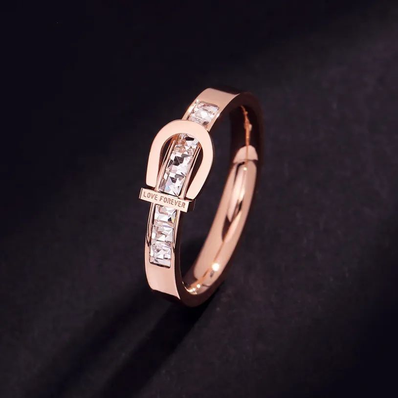 Zircon Belt Buckle Ring - Stainless Steel Rose Gold Color Bride Rings Jewelry