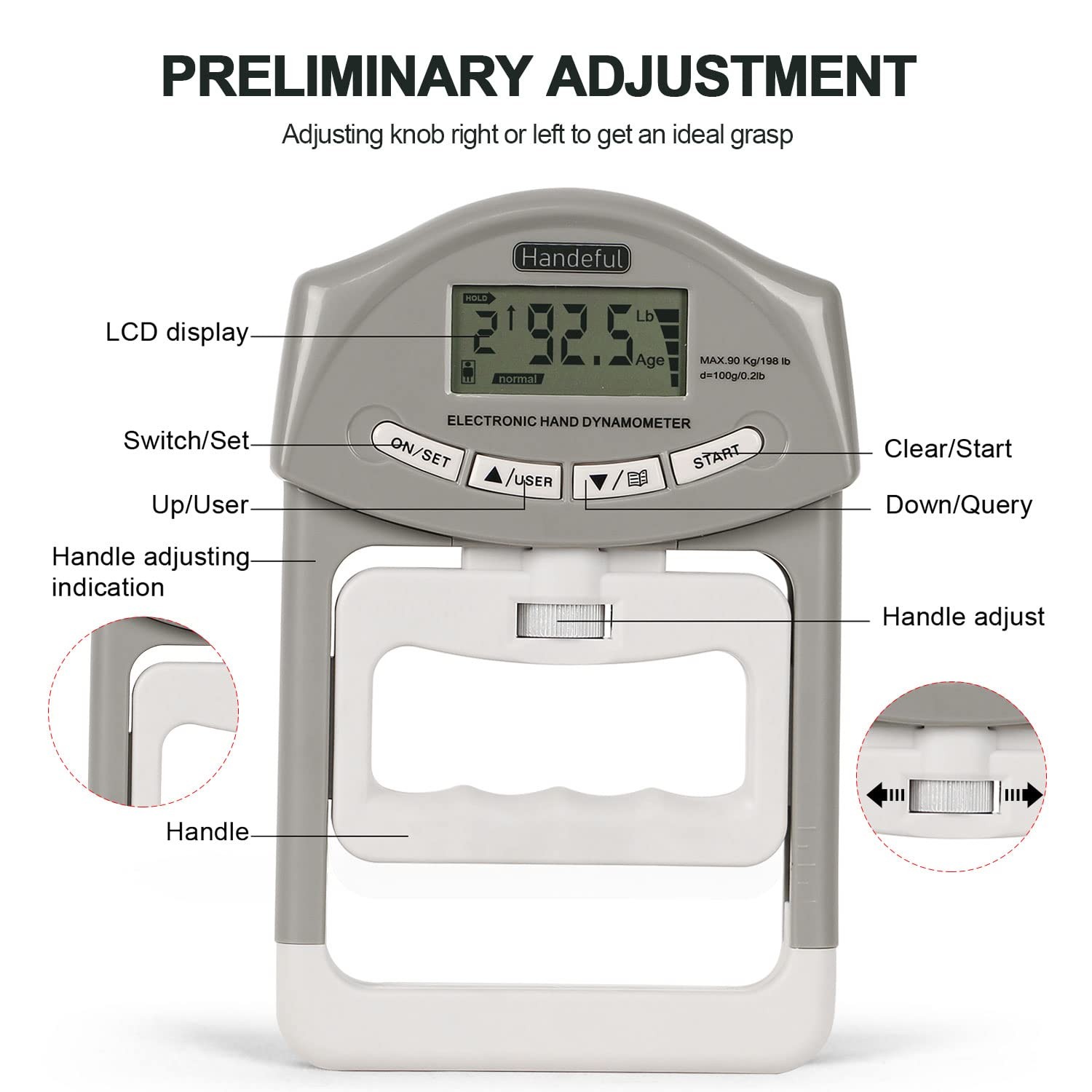 Handeful Grip Strength Tester, Hand Dynamometer (198Lbs / 90Kgs), Grey