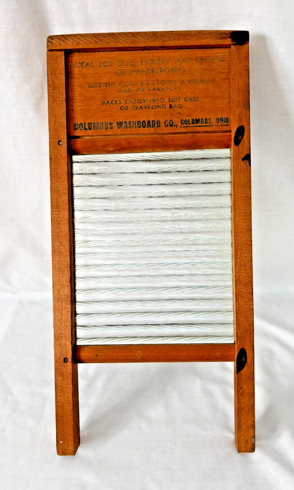 Vintage Home Aide Wood Washboard Glass Ribs Columbus Washboard Co. "Travel Size"