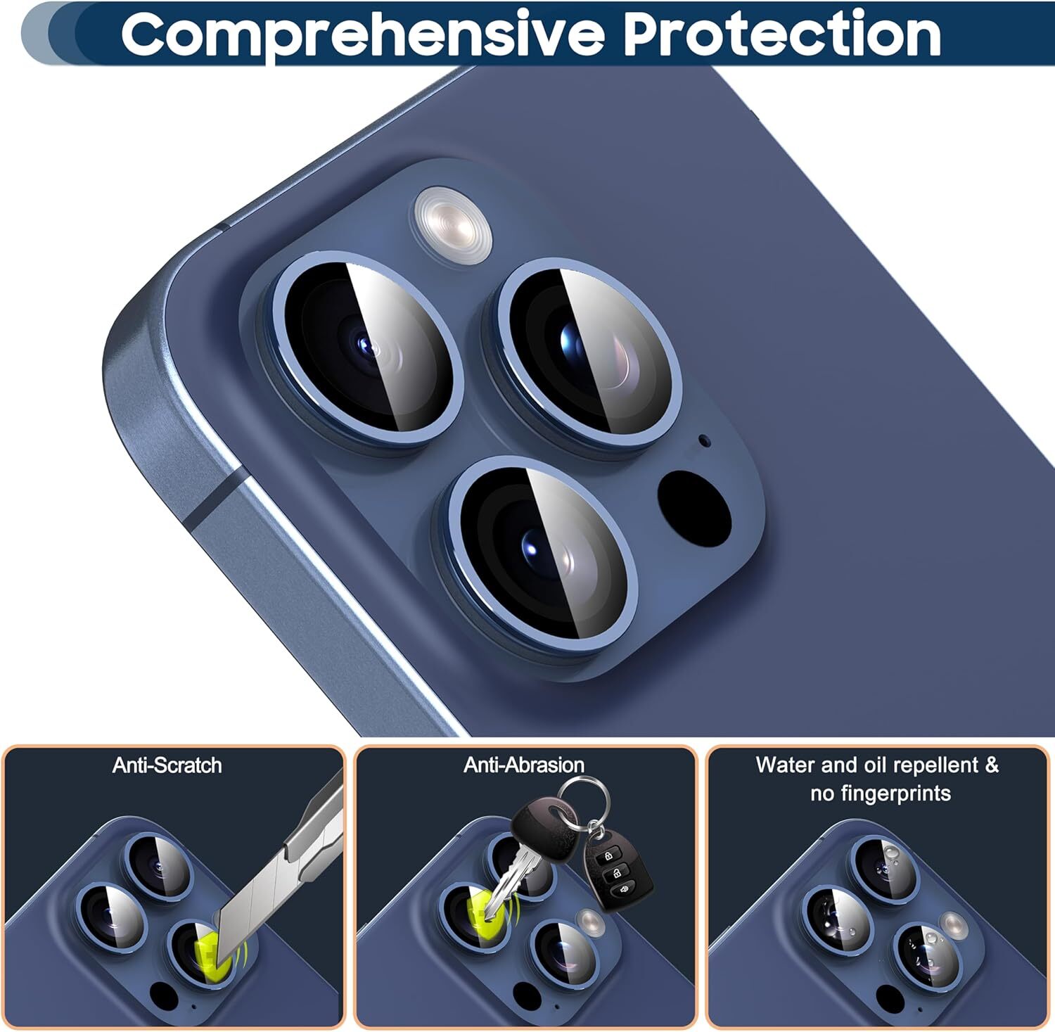 For iPhone 16 15/14/13 / Pro Max Tempered Glass Camera Lens Protector Metal Ring