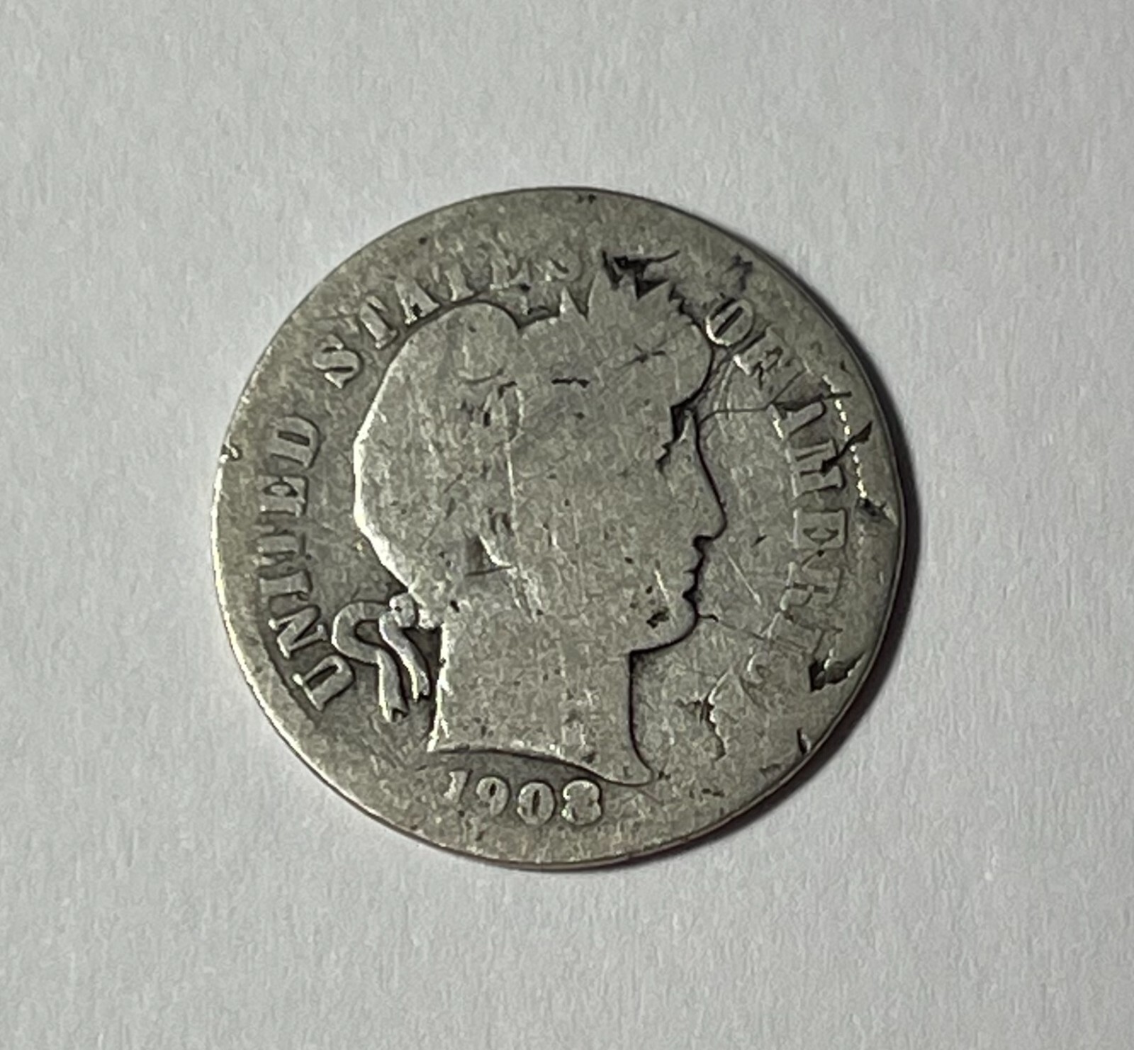 Error 1908-D Barber 10C (#19355) Struck from shattered die