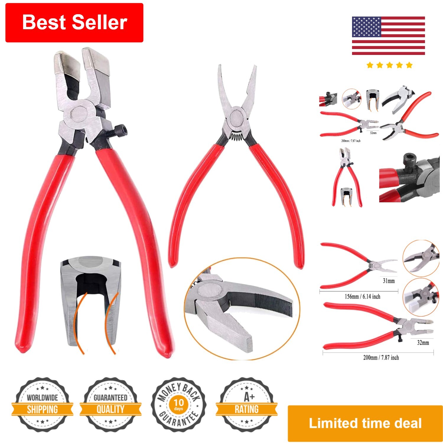 Glass Cutting Tool Kit - Grozer Running Pliers & Breaker Pliers - Rubber Tips