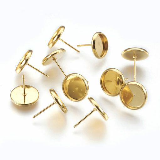 2 pcs. 304 Stainless Steel Bright Gold Plated Earring Posts Studs Settings 10mm
