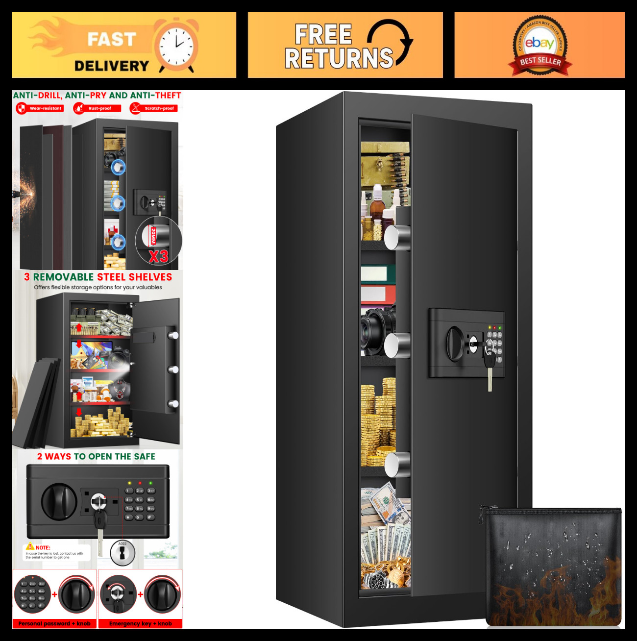 Large 7.0 Cuft Fireproof Waterproof Safe Box, Anti-Theft Digital Keypad, 3 Shelv