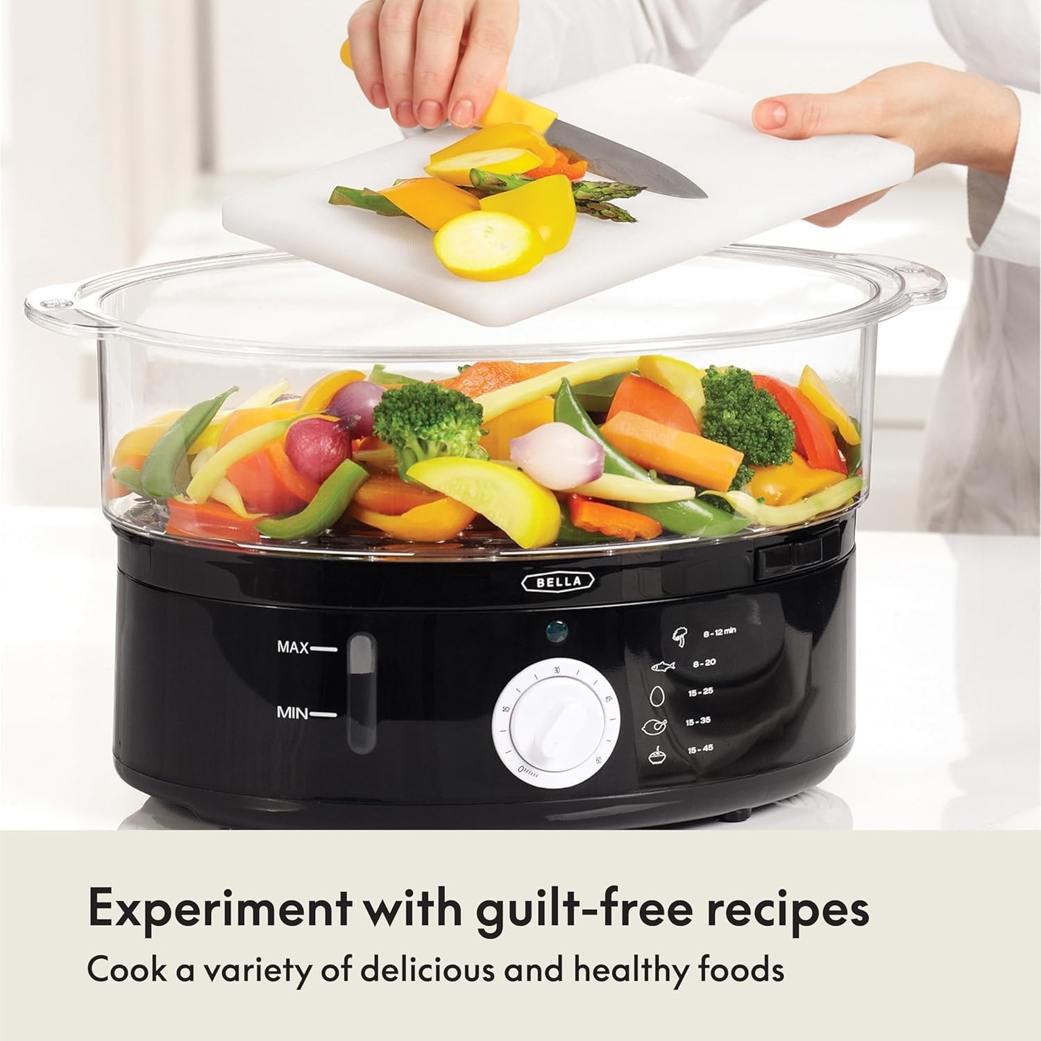 BELLA Two Tier Food Steamer with Stackable Baskets & Removable 7.4 QT, Black