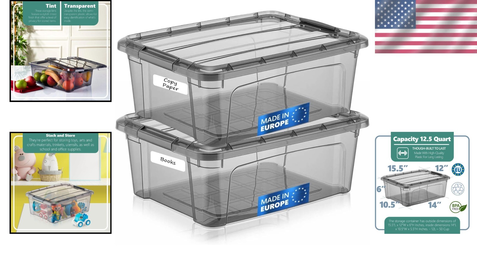 Transparent Tinted Plastic Storage Containers with Latching Lids - 15.5'' x 12''