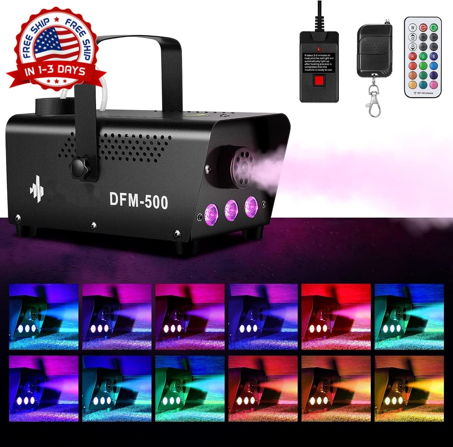 Máquina de humo de 500W con 13 luces LED RGB, control remoto inalámbrico