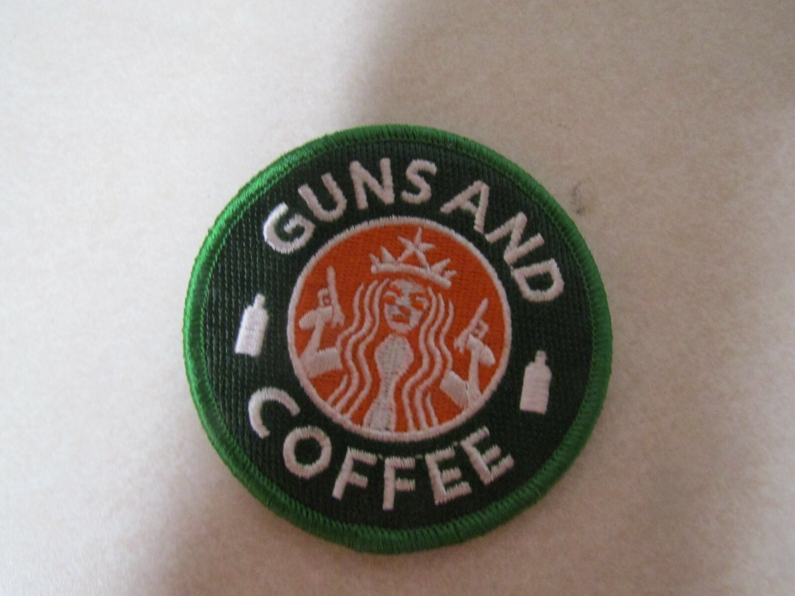 PATCH HOOK & LOOP APPROX 3 INCHES ROUND GUNS AND COFFEE GREEN