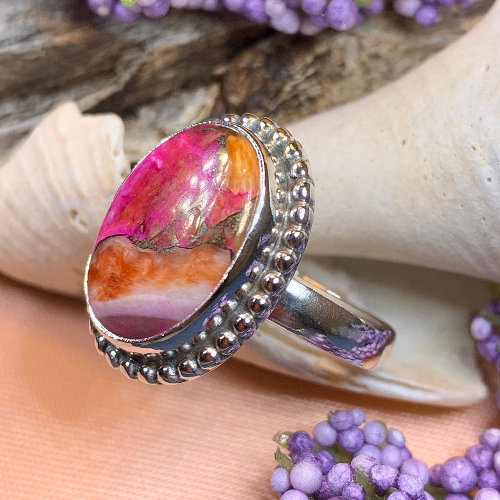 Ladies Statement Ring Boho Spiny Oyster Turquoise Large Wiccan Pagan Ring 925