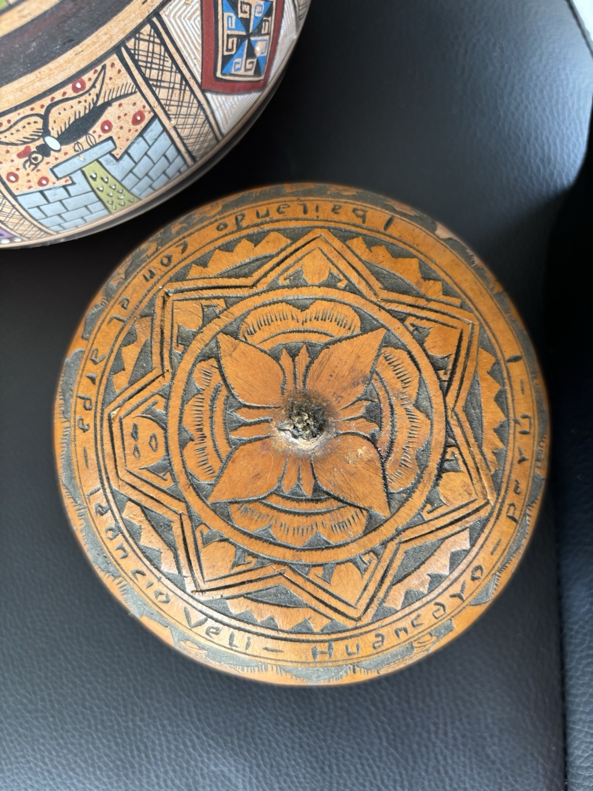 Peruvian Style Pottery & Etched Gourd Decor Bundle Signed Leoncio Veli