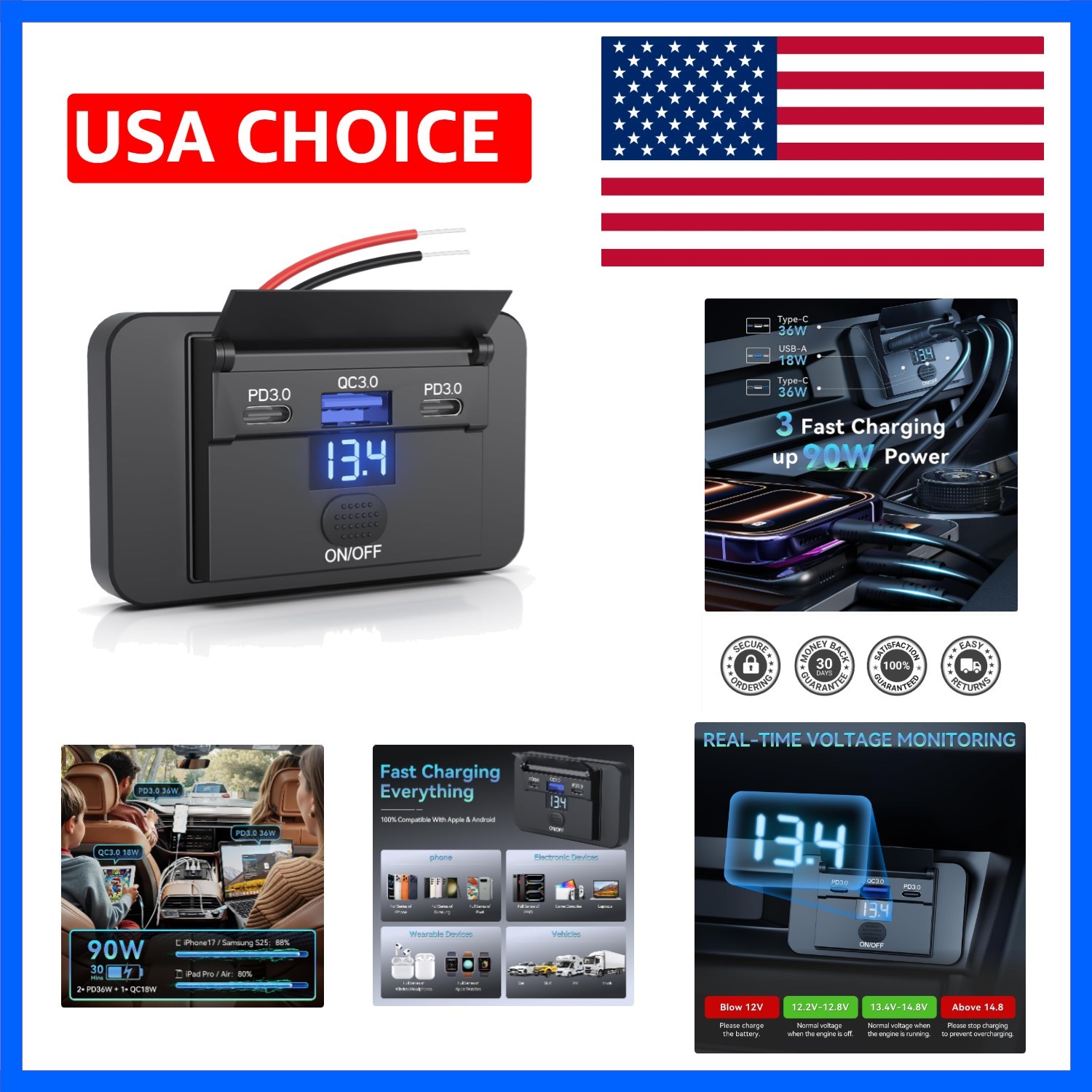 90W 3 Ports 12V RV USB Switch Outlet with 36W PD3.0 Type-C+18W QC3.0 Quick Ch...
