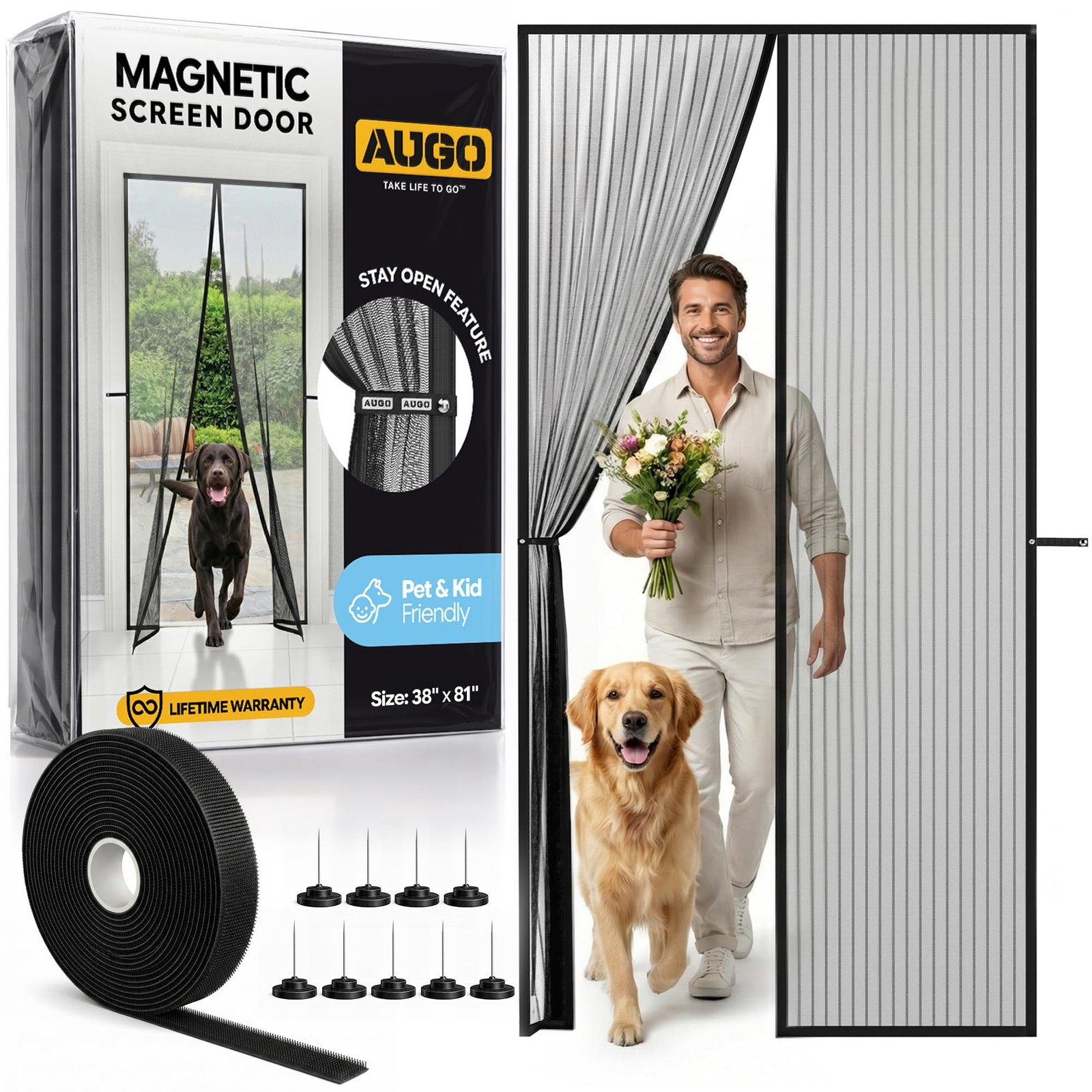 AUGO Magnetic Screen Door - Self Sealing, Heavy Duty, Hands Free Mesh Partiti...