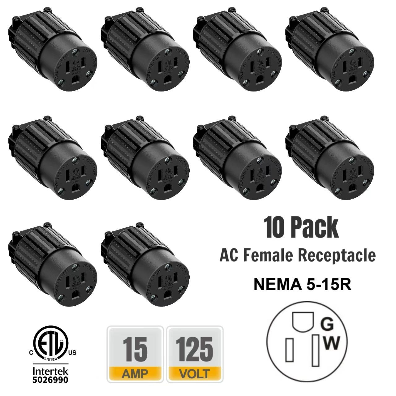 10Pack NEMA 5-15R AC Female Receptacle-Heavy Duty 5-15C 15Amp 125Volt,ETL Listed