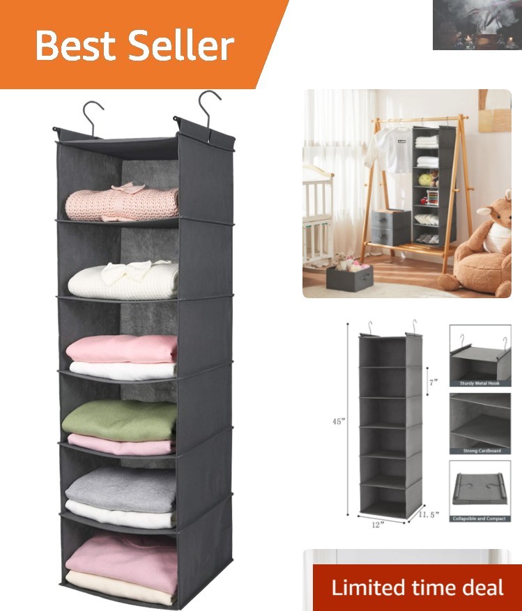 Versatile Foldable 6-Tier Closet Shelf Organizer with Strong Hooks - Grey Fabric