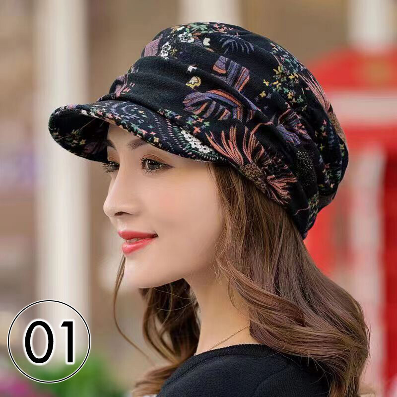 Women Printed Hat Hair Loss Chemo Headwear Beret Beanie Peaked Short Brim Caps