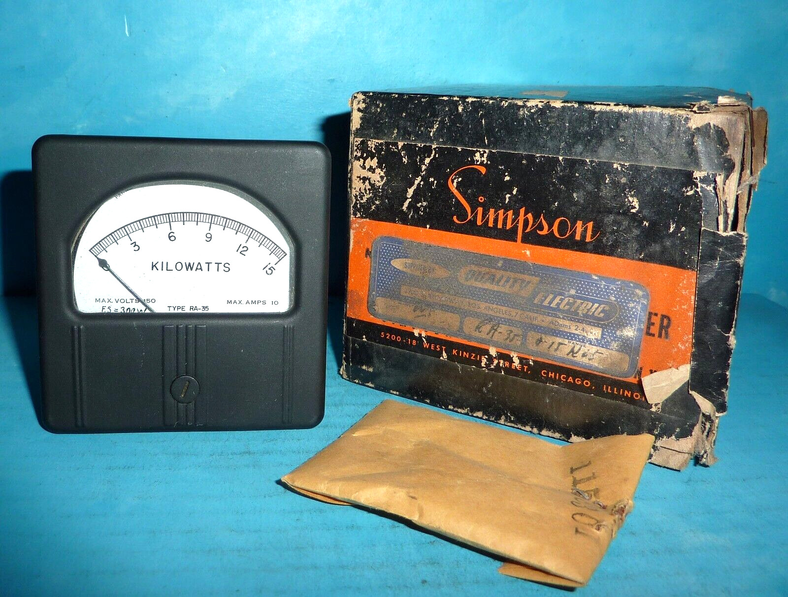 Simpson Kilowatts Panel Meter 0-15kW Type RA-35 w/ Orig Box
