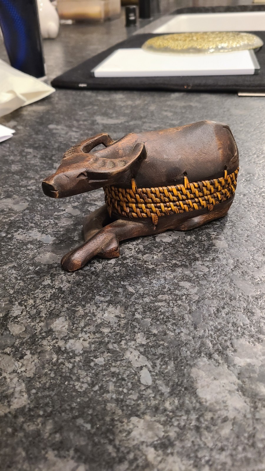Hand Carved Wood Rattan Water Buffalo Trinket Box
