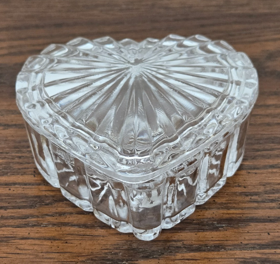 HEART SHAPED CUT GLASS TRINKET BOX 3 1/2" x 3"