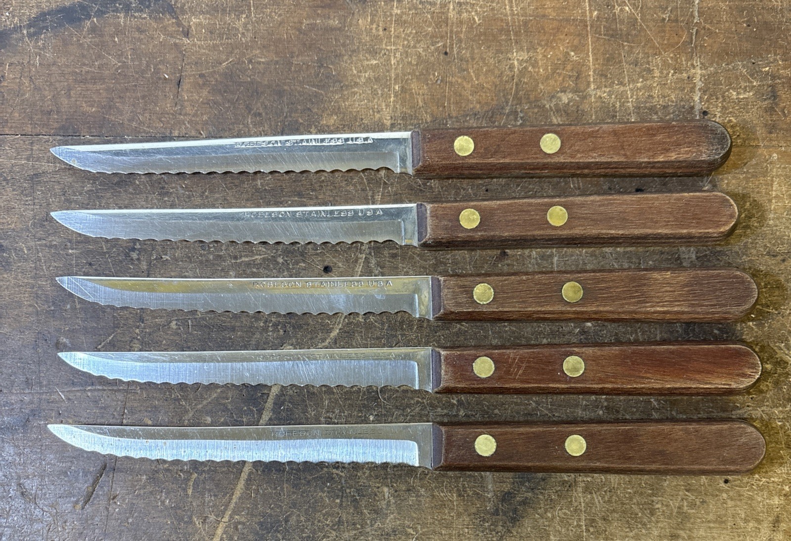 VTG Set 5 Robeson Cutlery steak knives wood handles stainless steel USA Serrated