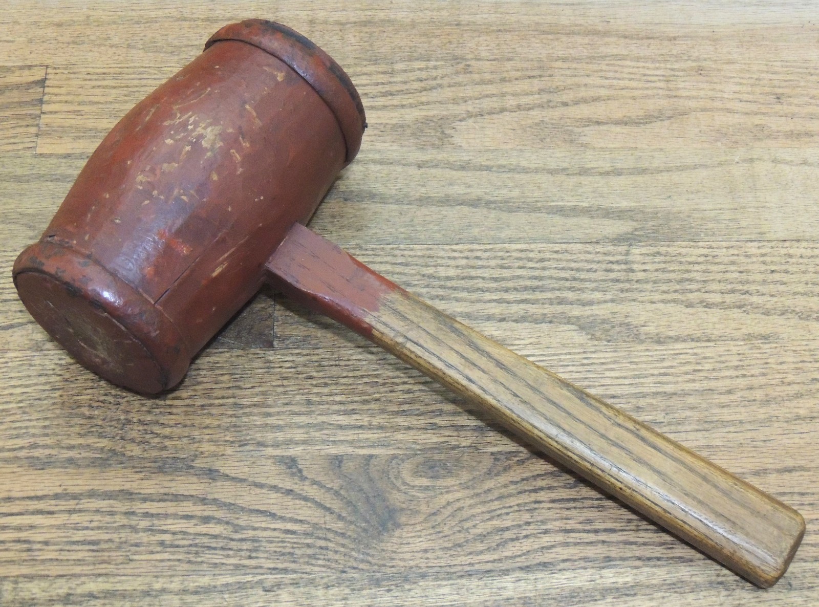 METAL RINGED WOODEN CARPENTER'S MALLET-ANTIQUE HAND TOOL-PRIMITIVE HAMMER