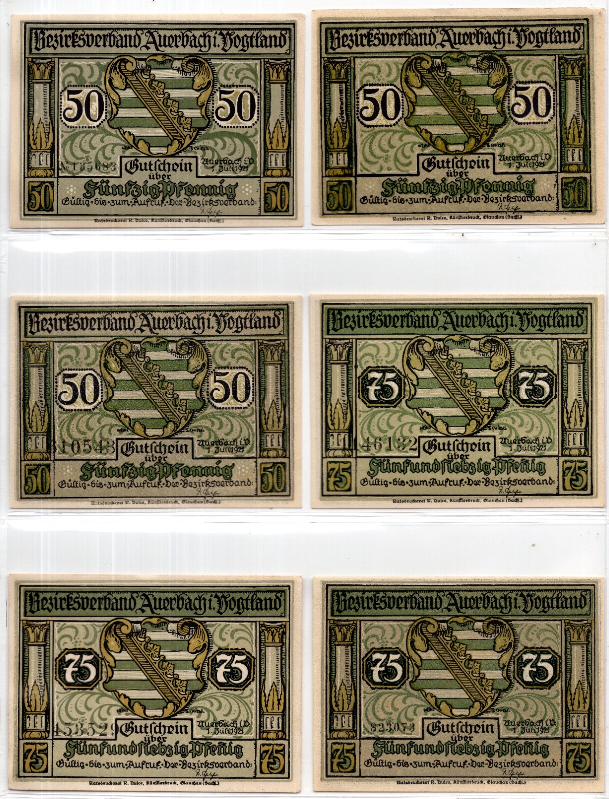 1921 Germany Auerbach Notgeld 6 Notes (792)