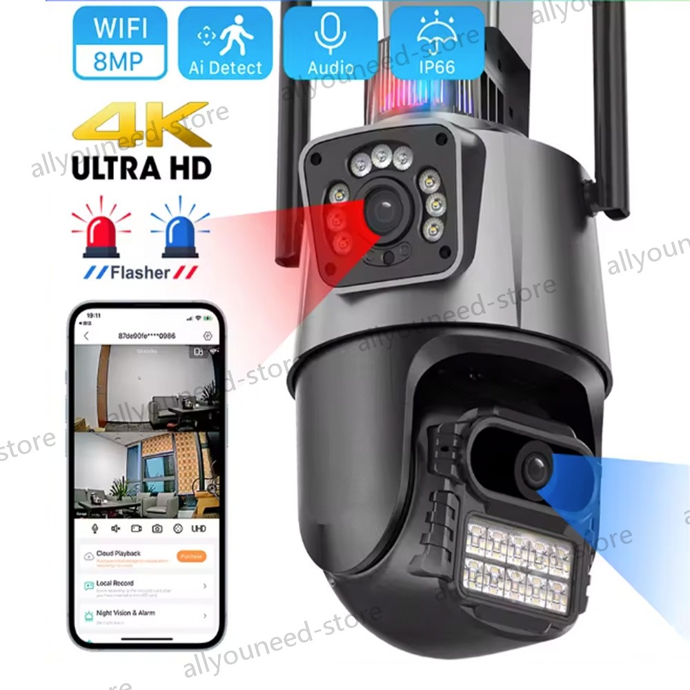 Dual Lens 4K WiFi Security Camera 8X Zoom Outdoor Home Night Vision CCTV PTZ