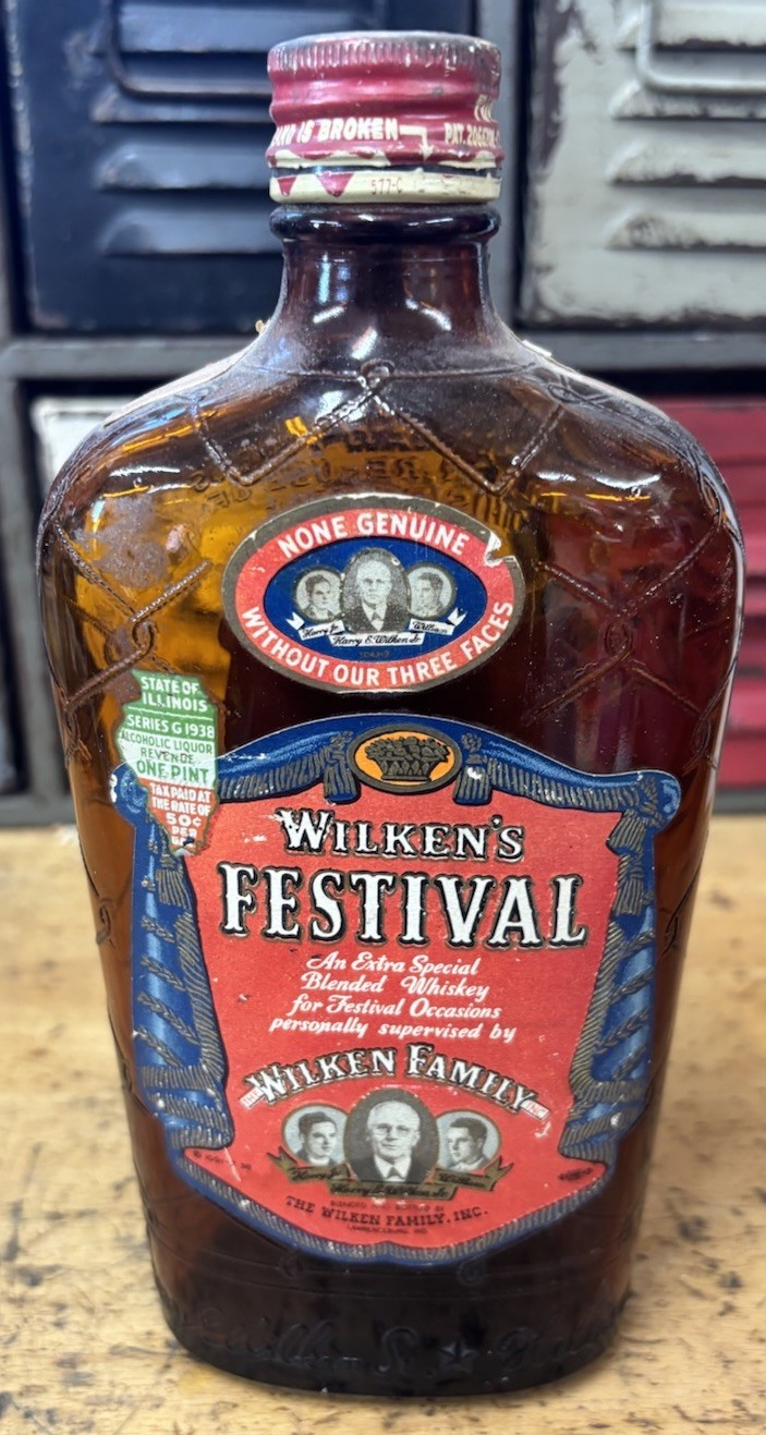 Wilken’s Festival Blended  Whiskey bottle paper label Illinois tax Vintage