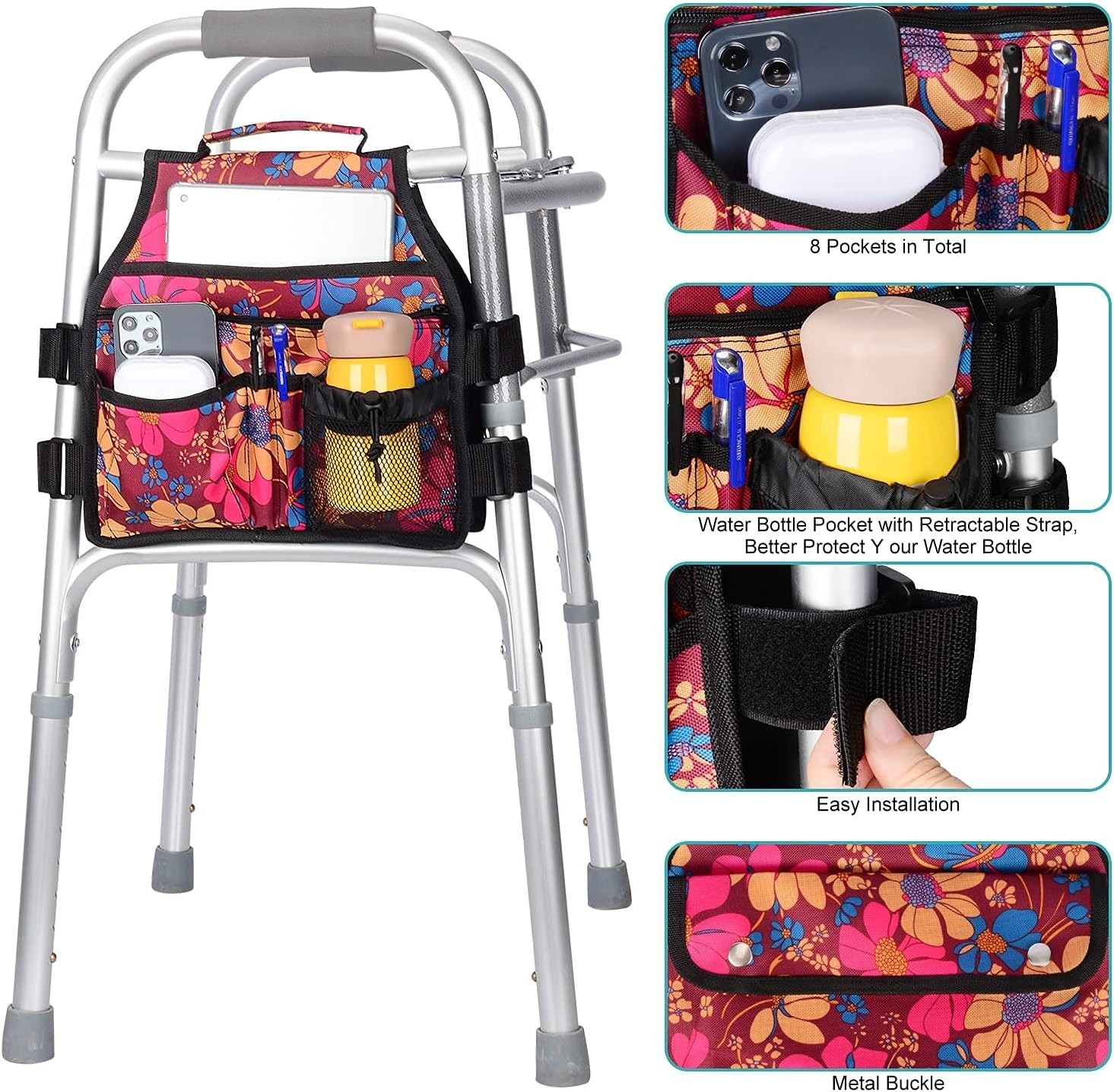 Multifunctional Walker Accessories Bag with 8 Pockets & Cup Holder for Elders