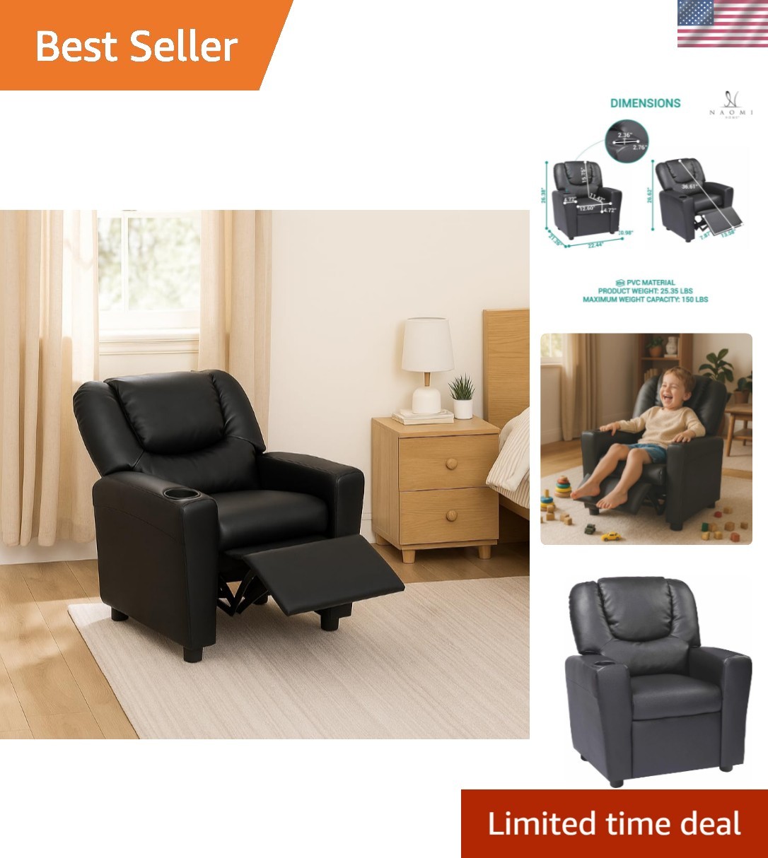 Suri Kids Recliner Chair with Cup Holder & Footrest, Built to Grow with 150 l...